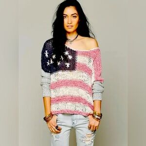 Free People Patriotic American Flag Loose Knit Sweater